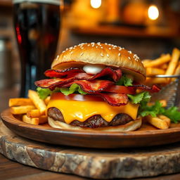 A close-up of a burger on a wooden plate, featuring a perfectly grilled beef patty, melted cheddar cheese, fresh lettuce, juicy tomato slices, crispy bacon, and a dollop of mayonnaise, all sandwiched between a soft sesame seed bun
