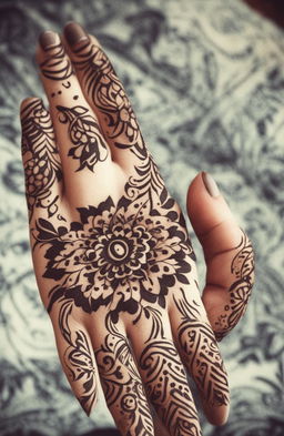 A high-quality digital art image presenting simple mehndi designs that a child could draw, featured on a pair of cartoon-style hands