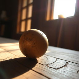 A close-up view of a ball, which is slightly weathered and rolling on a wooden surface