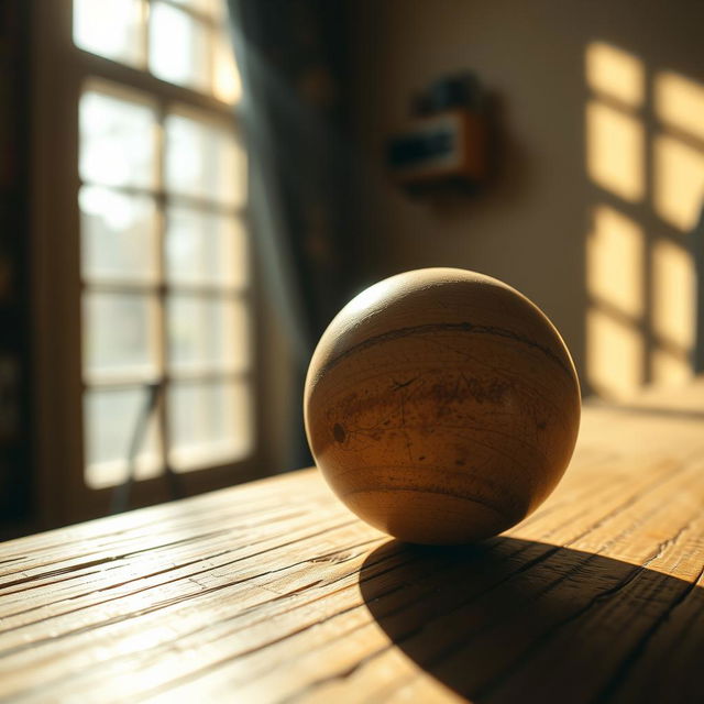 A close-up view of a ball, which is slightly weathered and rolling on a wooden surface