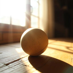 A close-up view of a ball, which is slightly weathered and rolling on a wooden surface