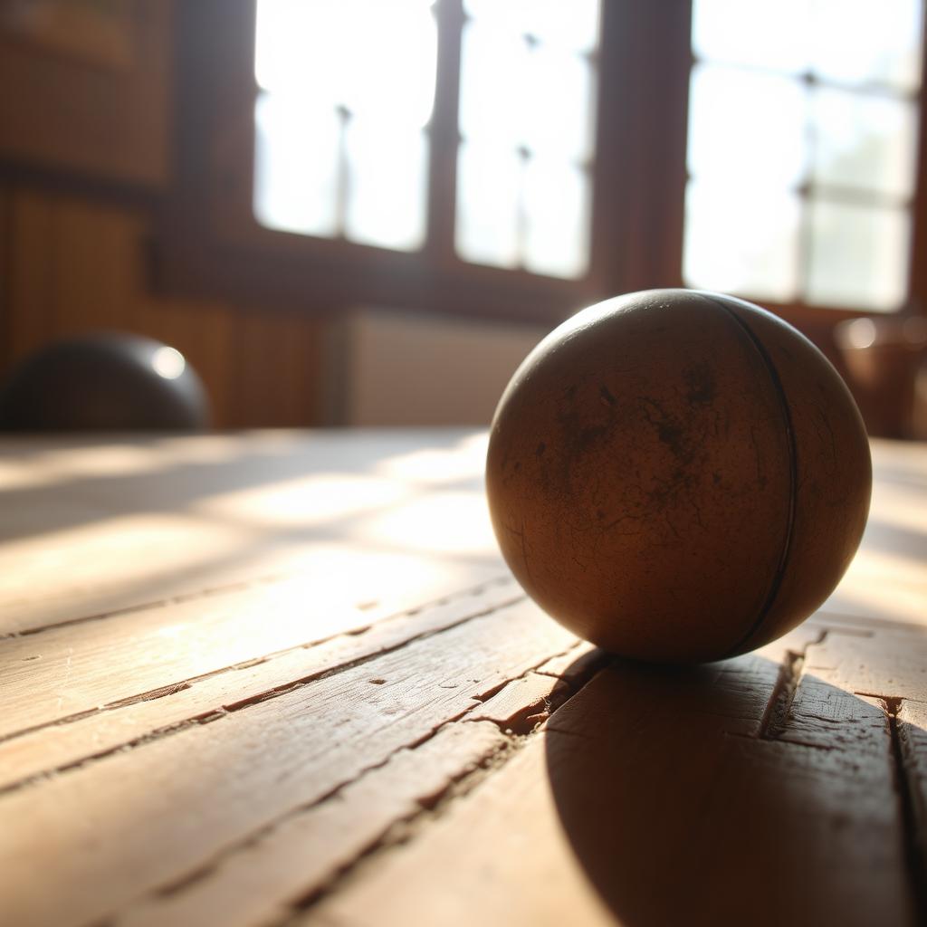 A close-up view of a ball, which is slightly weathered and rolling on a wooden surface