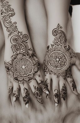 A high-quality digital art image presenting simple mehndi designs that a child could draw, featured on a pair of cartoon-style hands