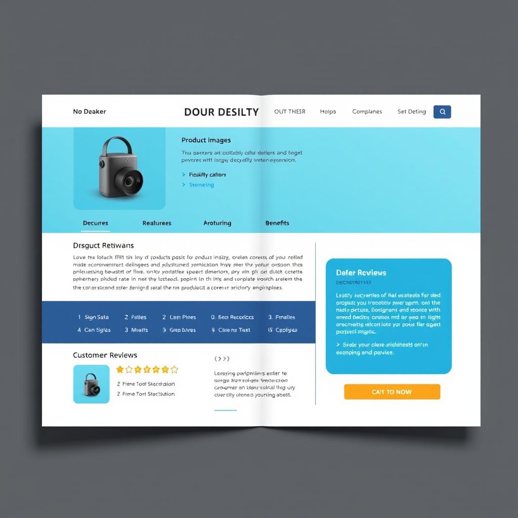 A detailed and intricate design for a Product Description Layout (PDL) that showcases a modern and professional look, incorporating elements such as a bold header, a section for high-quality product images, a clear and organized description area with bullet points for features and benefits, a customer review section with star ratings, and a call-to-action button