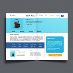 A detailed and intricate design for a Product Description Layout (PDL) that showcases a modern and professional look, incorporating elements such as a bold header, a section for high-quality product images, a clear and organized description area with bullet points for features and benefits, a customer review section with star ratings, and a call-to-action button