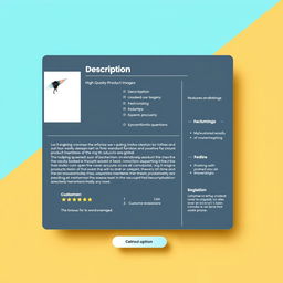 A detailed and intricate design for a Product Description Layout (PDL) that showcases a modern and professional look, incorporating elements such as a bold header, a section for high-quality product images, a clear and organized description area with bullet points for features and benefits, a customer review section with star ratings, and a call-to-action button