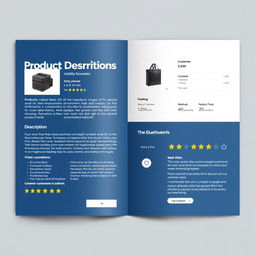 A detailed and intricate design for a Product Description Layout (PDL) that showcases a modern and professional look, incorporating elements such as a bold header, a section for high-quality product images, a clear and organized description area with bullet points for features and benefits, a customer review section with star ratings, and a call-to-action button