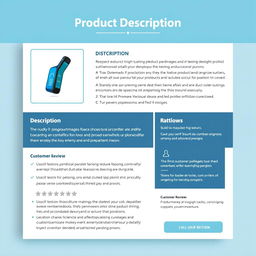 A detailed and intricate design for a Product Description Layout (PDL) that showcases a modern and professional look, incorporating elements such as a bold header, a section for high-quality product images, a clear and organized description area with bullet points for features and benefits, a customer review section with star ratings, and a call-to-action button
