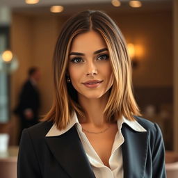 A fashionable 30-year-old woman with a well-groomed appearance, dressed in stylish and contemporary attire