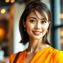 A fashionable 30-year-old woman with a well-groomed appearance, dressed in stylish and contemporary attire