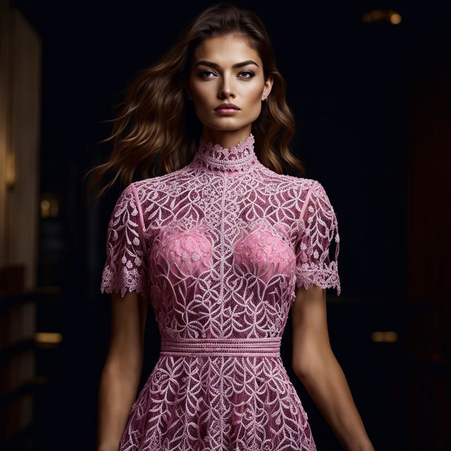 This is a high-definition, editorial-style photograph featuring a model in a vibrant pink dress, adorned with intricate, elegant embroidery