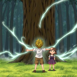 A 5-year-old boy named Kaito stands firmly facing a large tree in a forest clearing, his body tense with determination