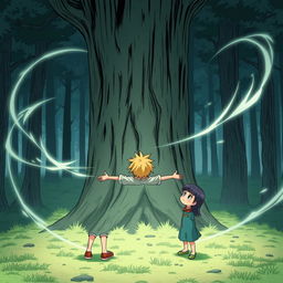 A 5-year-old boy named Kaito stands firmly facing a large tree in a forest clearing, his body tense with determination
