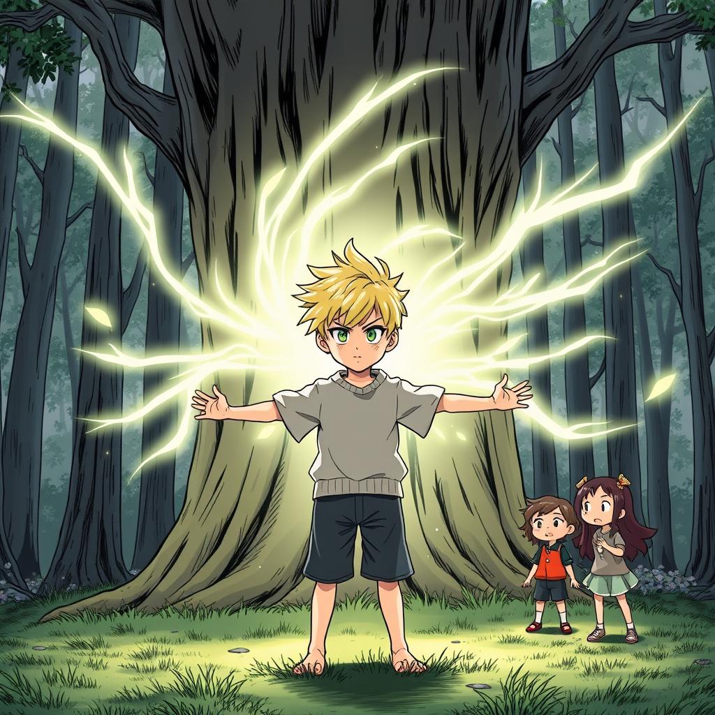 A 5-year-old boy named Kaito stands firmly facing a large tree in a forest clearing, his body tense with determination