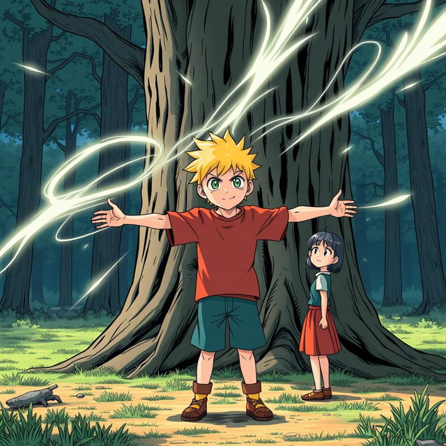 A 5-year-old boy named Kaito stands firmly facing a large tree in a forest clearing, his body tense with determination