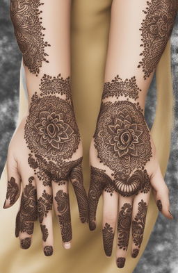 A high-quality digital art image showcasing traditional mehndi designs on a pair of elegantly rendered hands