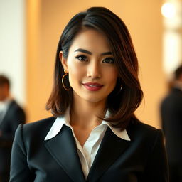 A fashionable 30-year-old woman with a well-groomed appearance, dressed in stylish and contemporary attire