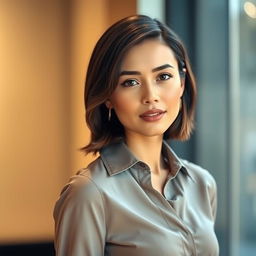 A fashionable 30-year-old woman with a well-groomed appearance, dressed in stylish and contemporary attire