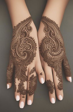 A high-quality digital art image showcasing traditional mehndi designs on a pair of elegantly rendered hands