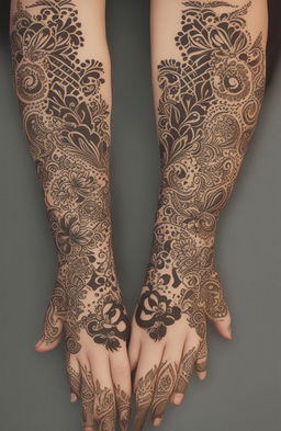 A high-quality digital art image showcasing traditional mehndi designs on a pair of elegantly rendered hands