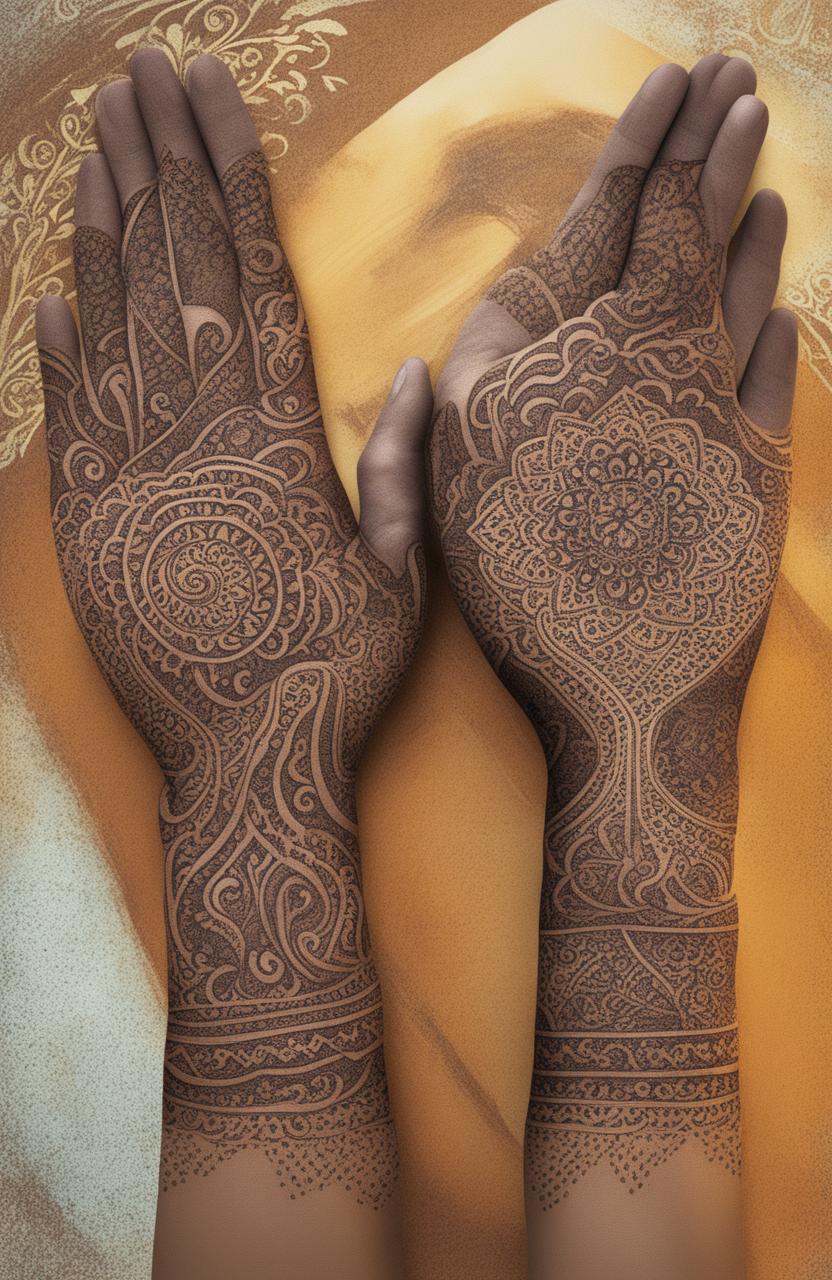 A high-quality digital art image showcasing traditional mehndi designs on a pair of elegantly rendered hands