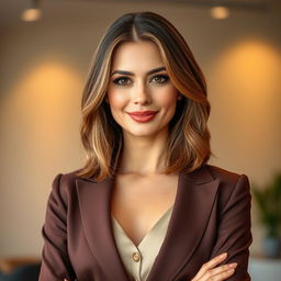 A stylish 30-year-old woman with a polished and well-groomed appearance, dressed in elegant clothing that reflects modern fashion