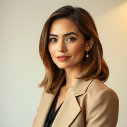 A stylish 30-year-old woman with a polished and well-groomed appearance, dressed in elegant clothing that reflects modern fashion