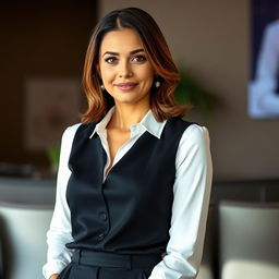 A stylish 30-year-old woman with a polished and well-groomed appearance, dressed in elegant clothing that reflects modern fashion