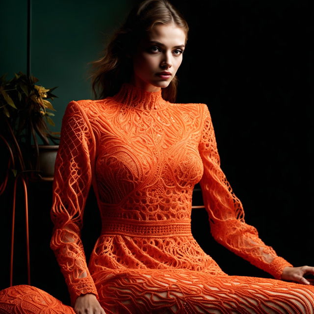 This is a high-definition, editorial-style photograph featuring a model in a radiant orange dress, adorned with intricate, elegant embroidery