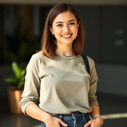A stylish 30-year-old woman with a well-groomed appearance, dressed in casual everyday clothing