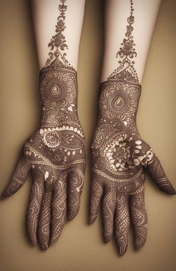 A high-quality digital art image showcasing simple, traditional mehndi designs on a pair of beautifully rendered hands