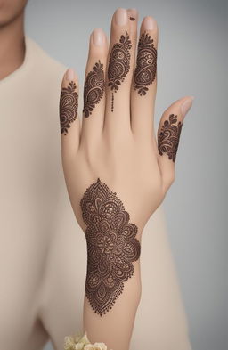 A high-quality digital art image showcasing simple, traditional mehndi designs on a pair of beautifully rendered hands