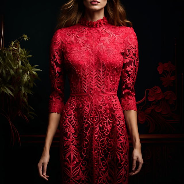 This is a high-definition, editorial-style photograph featuring a model in a vibrant red dress, adorned with intricate, elegant embroidery