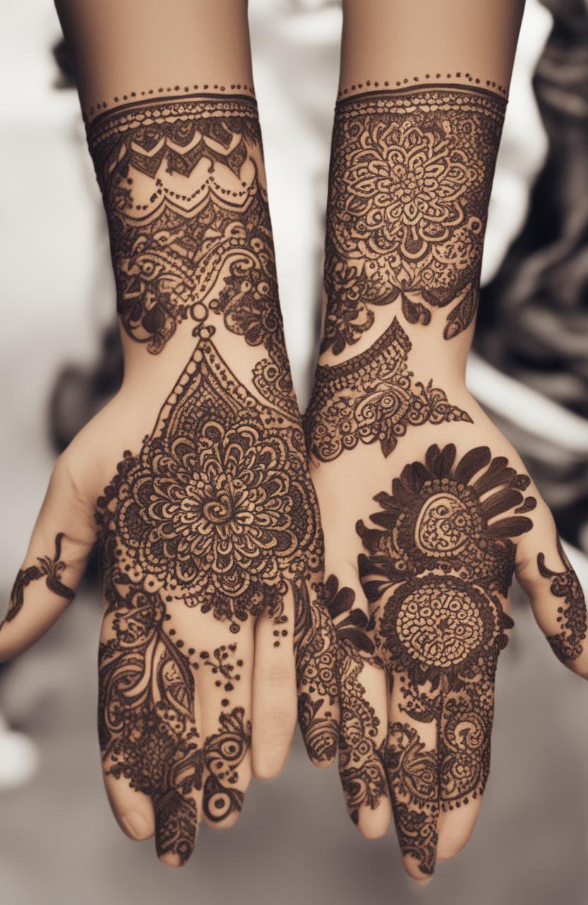 A high-quality digital art image showcasing simple, traditional mehndi designs on a pair of beautifully rendered hands