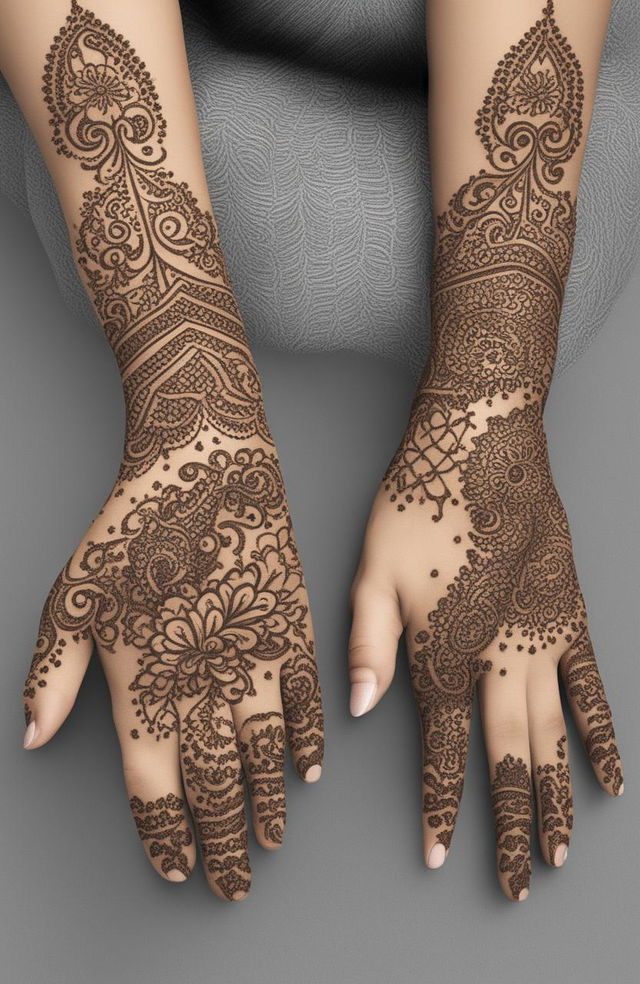 A high-quality digital art image showcasing simple, traditional mehndi designs on a pair of beautifully rendered hands