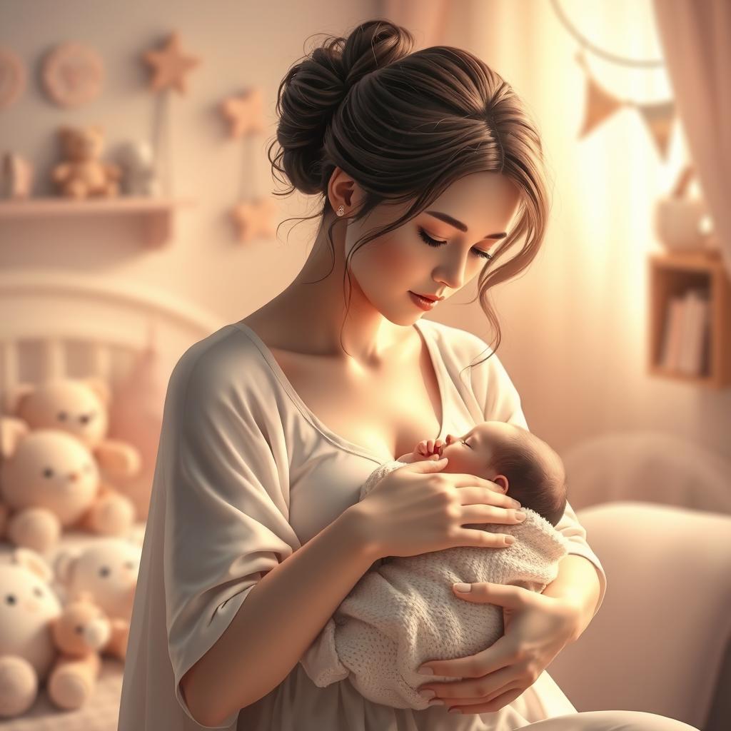 A beautifully detailed and artistic representation of a serene breastfeeding scene in a soft, warm environment, with gentle light illuminating the intimate moment