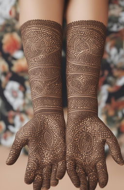 A high-quality digital art image showcasing simple, traditional mehndi designs on a pair of beautifully rendered hands