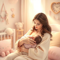 A beautifully detailed and artistic representation of a serene breastfeeding scene in a soft, warm environment, with gentle light illuminating the intimate moment