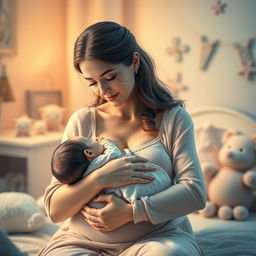 A beautifully detailed and artistic representation of a serene breastfeeding scene in a soft, warm environment, with gentle light illuminating the intimate moment