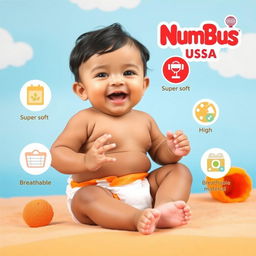 A small, cute Nepali baby joyfully wearing MumBuds USA diapers, set against a vibrant sky blue and orange themed background
