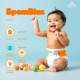 A small, cute Nepali baby joyfully wearing MumBuds USA diapers, set against a vibrant sky blue and orange themed background