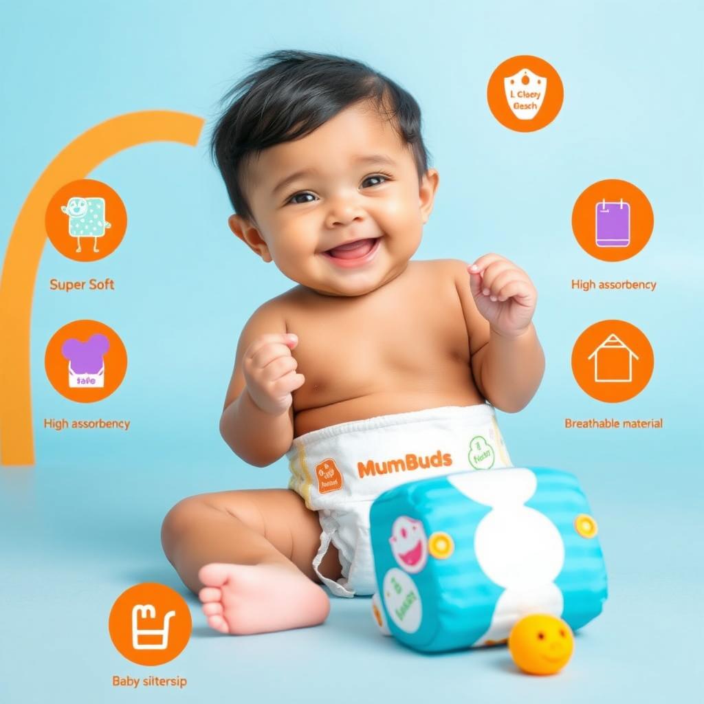 A small, cute Nepali baby joyfully wearing MumBuds USA diapers, set against a vibrant sky blue and orange themed background