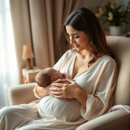A serene and nurturing scene capturing a woman breastfeeding her baby in a cozy indoor environment