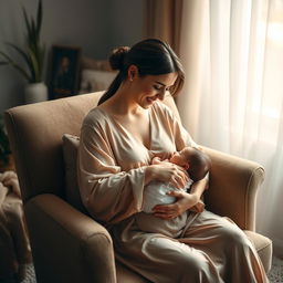 A serene and nurturing scene capturing a woman breastfeeding her baby in a cozy indoor environment