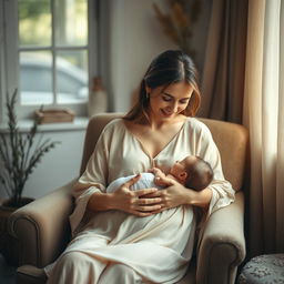 A serene and nurturing scene capturing a woman breastfeeding her baby in a cozy indoor environment