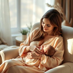 A serene and nurturing scene capturing a woman breastfeeding her baby in a cozy indoor environment