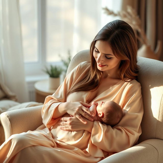 A serene and nurturing scene capturing a woman breastfeeding her baby in a cozy indoor environment