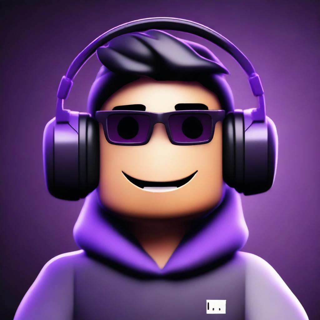 This digital art image presents a Roblox-style cartoon face of an esports player, complete with a black and purple gaming headset