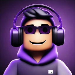 This digital art image presents a Roblox-style cartoon face of an esports player, complete with a black and purple gaming headset