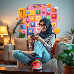 A woman wearing a fashionable hijab and colorful socks sits comfortably in a cozy living room, engaging with her smartphone